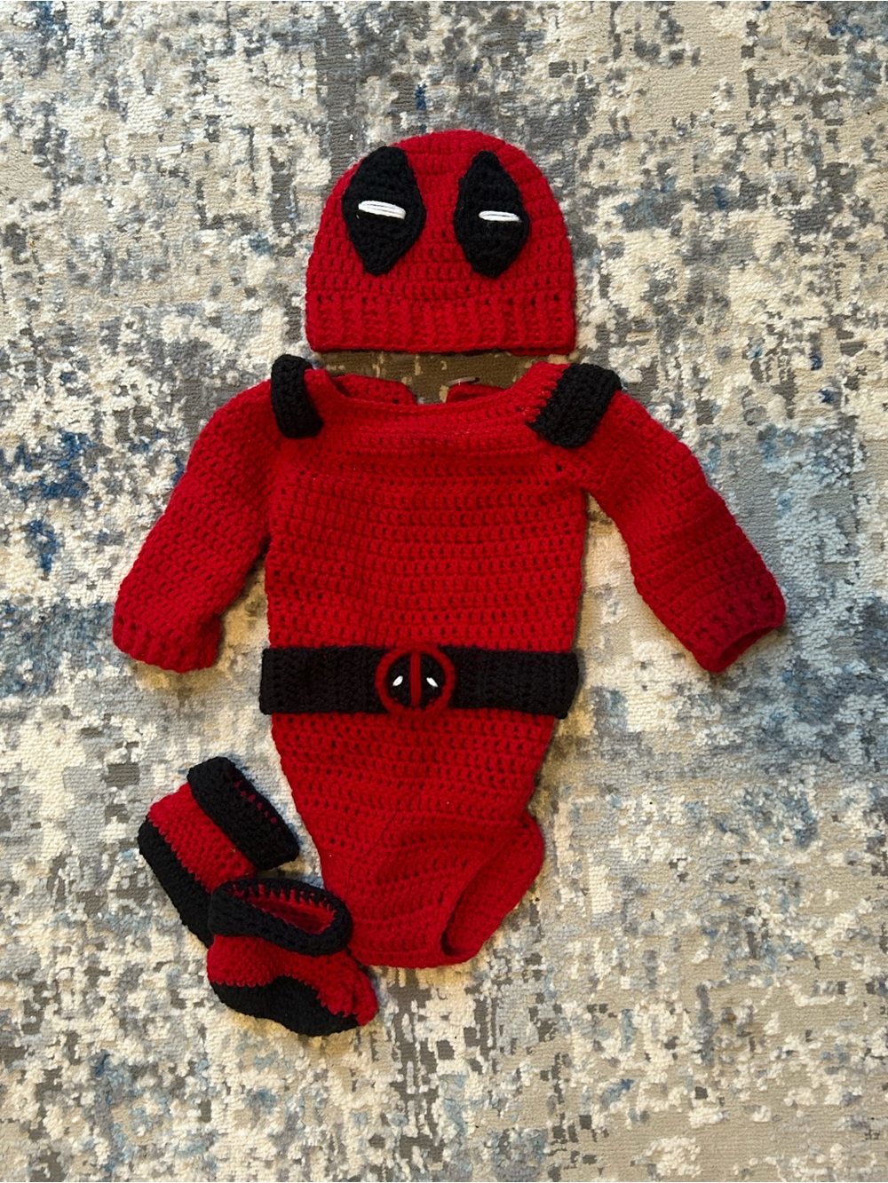 Baby Deadpool Crochet Costume Set in Red with Black Accents